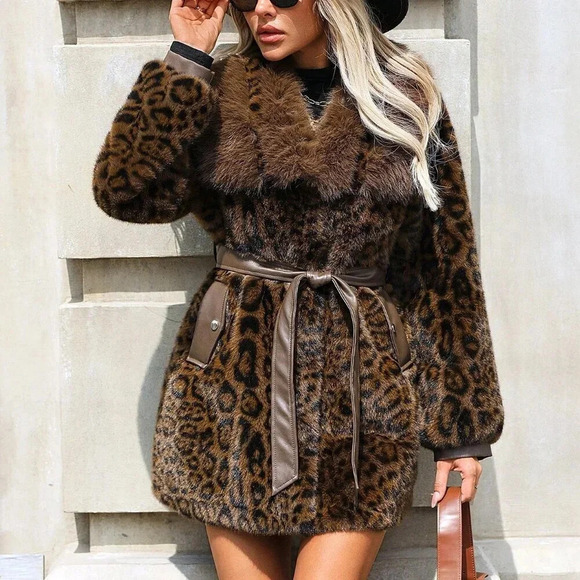 Coffee Brown Casual Women's Long Sleeve Fluffy Leopard Print Button Coat - Picture 5 of 8